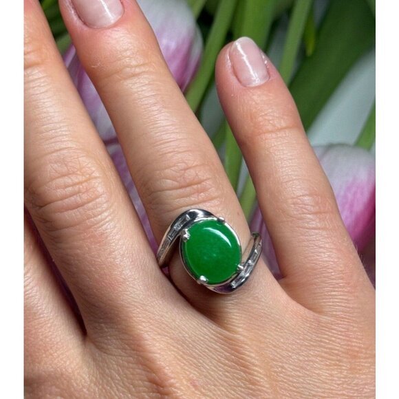 D'Joy 925 STERLING SILVER GREEN NEPHRITE & WHITE BERYL RING SIZE 6.5 - Picture 1 of 9